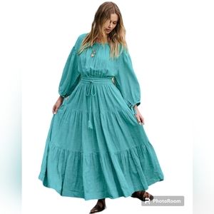 FREE PEOPLE Ibiza Size Large Green Bohemian Puff Sleeve Open Back Maxi Dress NWT